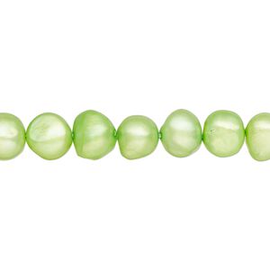 Pearl, cultured freshwater (dyed), lime green, 7-9mm flat-sided potato, D grade, Mohs hardness 2-1/2 to 4. Sold per 15-inch strand.