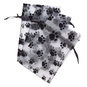 Pouch, satin and flocked organza, grey and black, 6x4-inch rectangle with paw prints design and drawstring. Sold per pkg of 12.