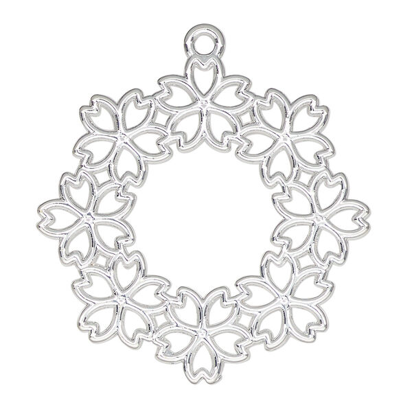 Component, resin frame, silver-finished "pewter" (zinc-based alloy), 35mm open round flower. Sold per pkg of 2. image number 0