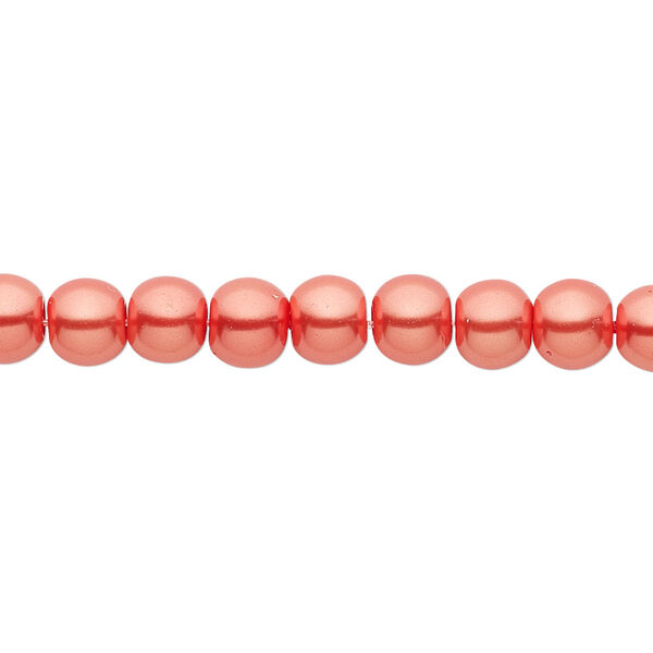 Bead, crystal pearl, orange-red, 6mm round. Sold per pkg of (2) 15-1/2" to 16" strands, approximately 130 beads. image number 0