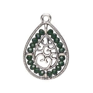 Drop, antique silver-finished "pewter" (zinc-based alloy), emerald green, 27.5 x 21.5mm teardrop with hearts and beaded border. Sold per pkg of 2.