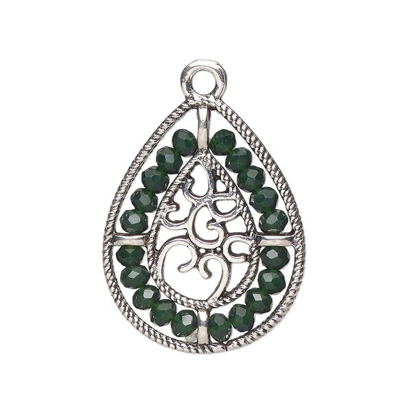 Drop, antique silver-finished "pewter" (zinc-based alloy), emerald green, 27.5 x 21.5mm teardrop with hearts and beaded border. Sold per pkg of 2. image number 0