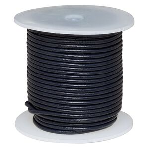 Cord, leather (dyed), navy blue, 2mm round. Sold per 25-yard spool.