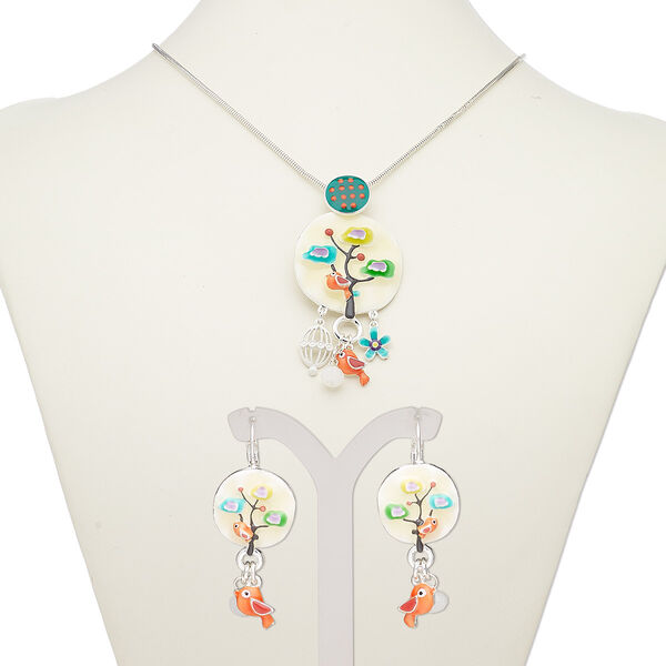 Necklace and earring set, enamel / glass / silver-plated brass / steel / "pewter" (zinc-based alloy), multicolored, 2-3/4 inch dangle with round and tree with bird design, 18-inch necklace with 2-inch extender chain and lobster claw clasp, 46mm earrings with leverback ear wire. Sold per set. image number 0