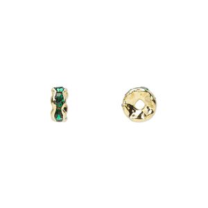 Bead, glass rhinestone and gold-finished brass, emerald green, 6x3mm rondelle. Sold per pkg of 10.