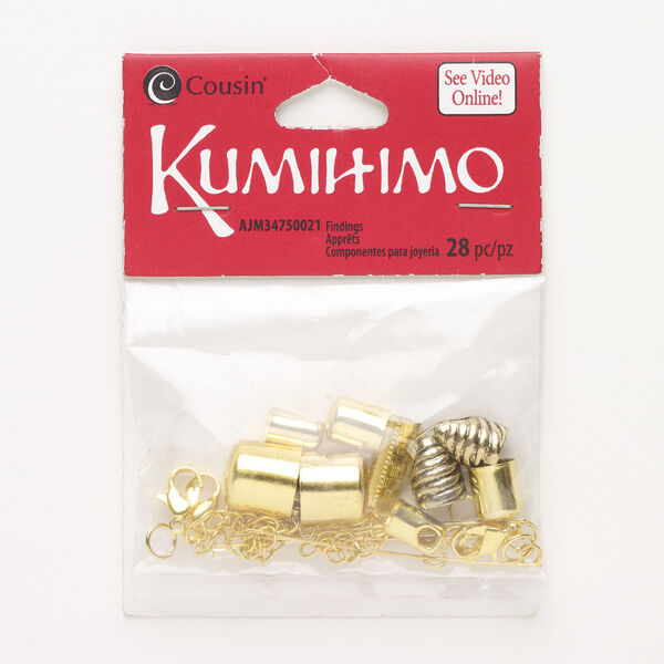 Clasp / cord end / finding assortment, gold- and antique gold-finished "pewter" (zinc-based alloy) / steel / brass, mixed sizes and shapes. Sold per pkg of 28. image number 0