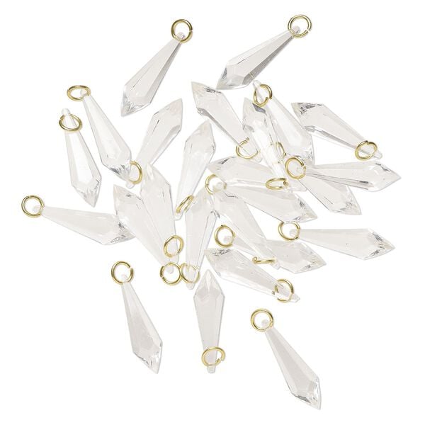 Focal, acrylic and gold-finished brass, clear, 31x9mm-32x9mm faceted teardrop with jump ring. Sold per pkg of 25. image number 0