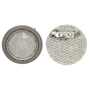 Brooch back, glue-in, antique silver-finished "pewter" (zinc-based alloy), 28mm single-sided round with textured edge and 20mm round setting. Sold per pkg of 2.