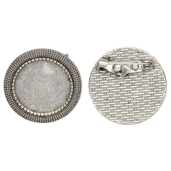 Brooch back, glue-in, antique silver-finished "pewter" (zinc-based alloy), 28mm single-sided round with textured edge and 20mm round setting. Sold per pkg of 2. image number 0