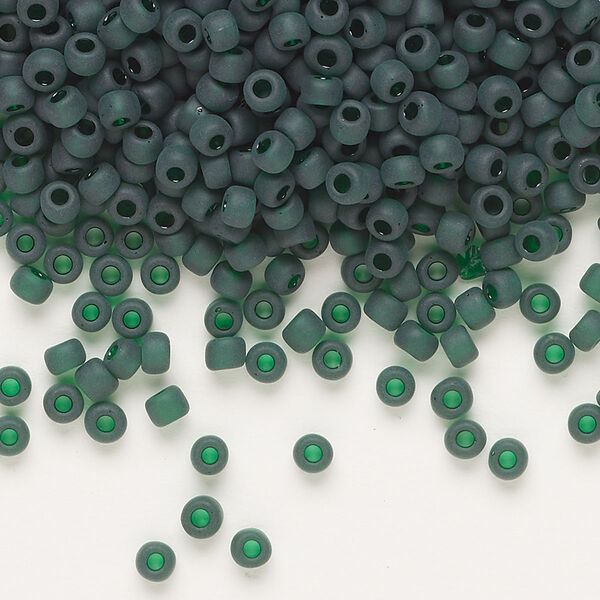Seed bead, Dyna-Mites™, glass, transparent dark green matte, #8 round. Sold per 40-gram pkg. image number 0