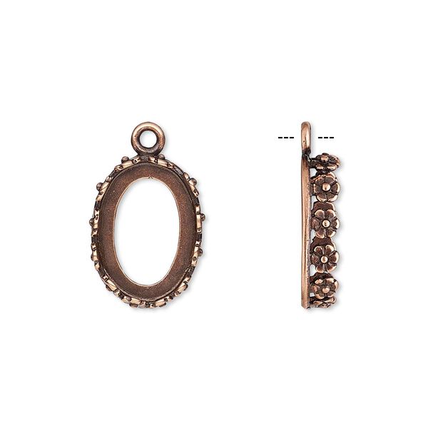 Drop, JBB Findings, antique copper-plated brass, 16x12mm oval with open back and flower design trim, 14x10mm oval bezel setting. Sold per pkg of 2. image number 0