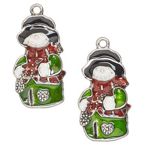 Charm, antique silver-finished "pewter" (zinc-based alloy) / enamel / glass, multicolored, 28x16mm single-sided snowman. Sold per pkg of 2.