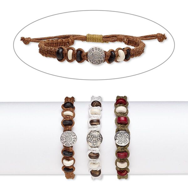 Bracelet mix, wood (natural) / stained wood / waxed cotton cord / silver-coated plastic, mixed colors, 10.5mm wide, adjustable from 7-9 inches with wrapped knot closure. Sold per pkg of 3. image number 0