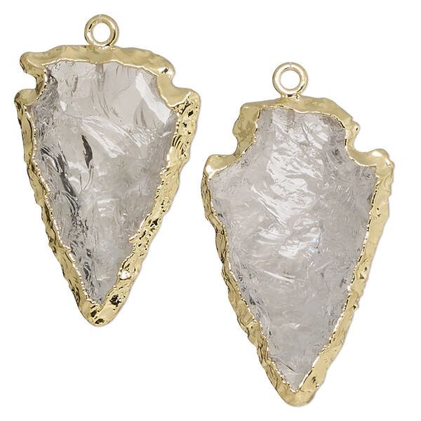 Quartz crystal / sterling silver 1pkg2, electroplated gold-finish hand-cut hand-knapped arrowhead charm natural 30x15mm image number 0