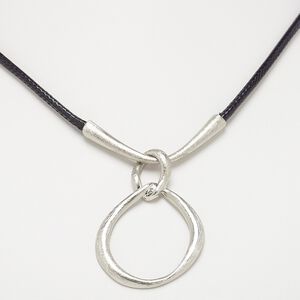 Necklace, imitation leather with imitation rhodium-plated steel and "pewter" (zinc-based alloy), black, 56x40mm scratched double loop, 18 inches with 3-inch extender chain and lobster claw clasp. Sold individually.