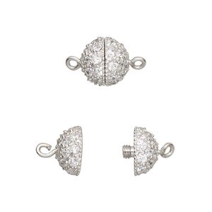 Clasp twist-in 1pkg1 rhodium-plated sterling silver, 10mm textured round, cubic zirconia clear 1-strand