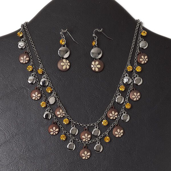 Necklace and earring set, 2-strand, gunmetal-finished "pewter" (zinc-based alloy) and steel / glass rhinestone / enamel, brown / tan / gold, flat round with flower design, 15" to 16" necklace with lobster claw clasp and 3-inch extender chain, 1-3/4 inch earring with fishhook ear wire. Sold per set. image number 0
