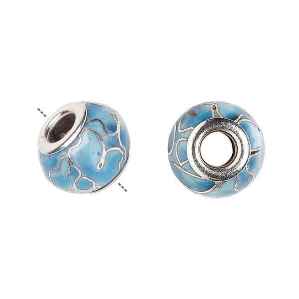 Bead, Dione®, cloisonné, enamel and silver-plated brass grommets, aqua, 14x10mm rondelle with flower design. Sold per pkg of 4. image number 0