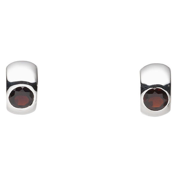 Earring, garnet (natural) and sterling silver, 15x9mm round hoop with 6mm faceted round and hinged closure. Sold per pair. image number 0