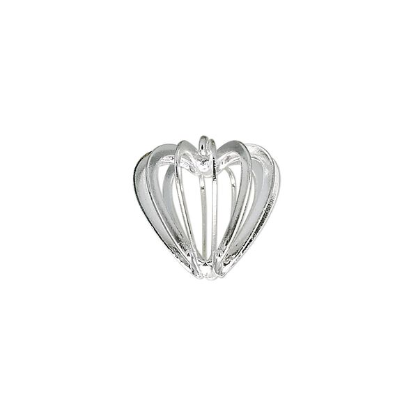 Drop, silver-plated brass and steel, 14mm heart bead cage. Sold per pkg of 20. image number 0