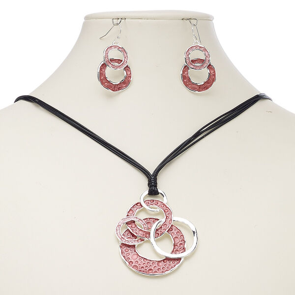 Necklace and earring set, enamel / waxed cotton cord / imitation rhodium-finished steel / brass / "pewter" (zinc-based alloy), black and pink, 54x48mm circles, 18-inch necklace with 2-inch extender chain and lobster claw clasp, 41mm earrings with fishhook ear wire. Sold per set. image number 0
