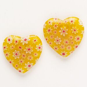 Bead, millefiori glass, translucent golden yellow / red / multicolored, 23-26mm half-drilled puffed heart. Sold per pkg of 2.