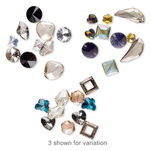 Component mix, glass, mixed colors, 10x9mm-29x14mm mixed shape. Sold per pkg of (5) 2-piece sets.