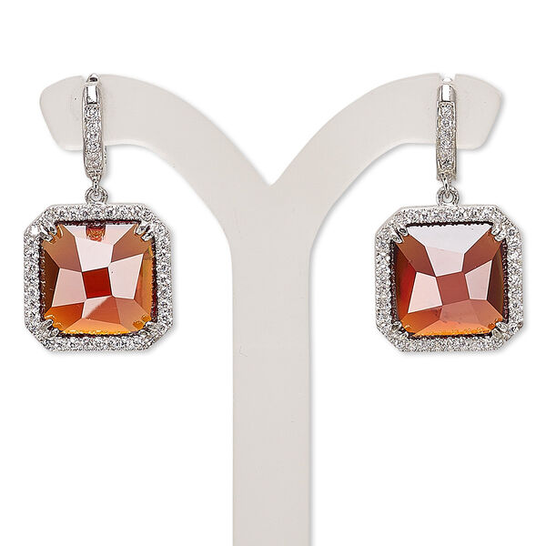 Earring, cubic zirconia / glass / rhodium-plated brass, red and clear, 27mm with square and post with latch-back closure. Sold per pair. image number 0