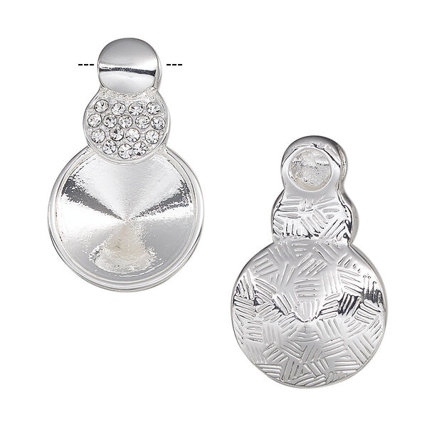 Pendant, Almost Instant Jewelry®, crystals and silver-plated "pewter" (zinc-based alloy), crystal clear, 26x16mm two-sided triple round with 14mm rivoli setting. Sold individually. image number 0