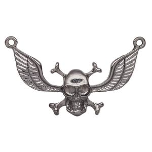 Focal, gunmetal-finished "pewter" (zinc-based alloy), 49x22mm skull with crossbones and wings. Sold individually.