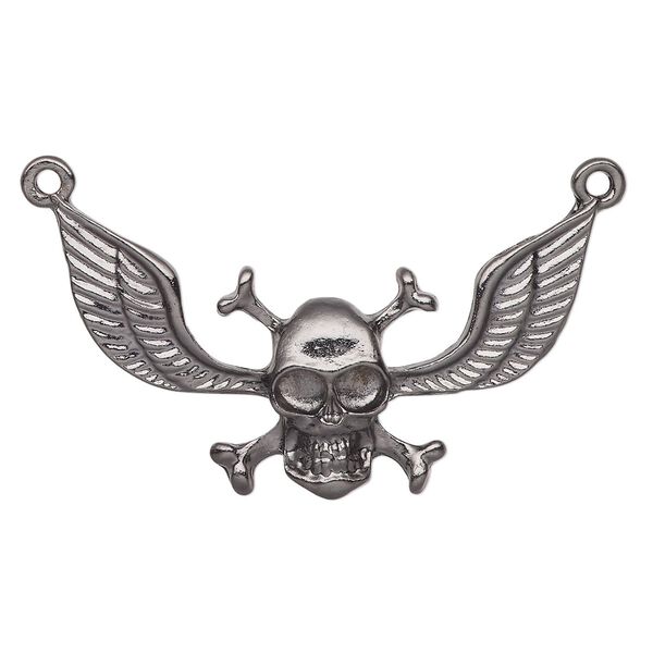 Focal, gunmetal-finished "pewter" (zinc-based alloy), 49x22mm skull with crossbones and wings. Sold individually. image number 0