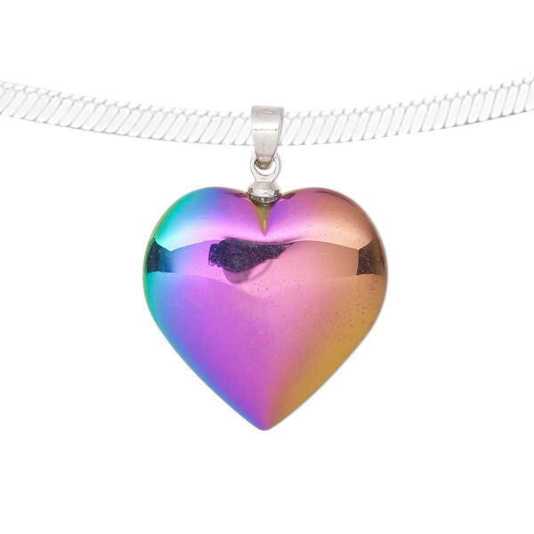 Pendant, electroplated Hemalyke™ (man-made) and silver-finished brass, rainbow, 28x20mm double-sided heart. Sold individually. image number 0