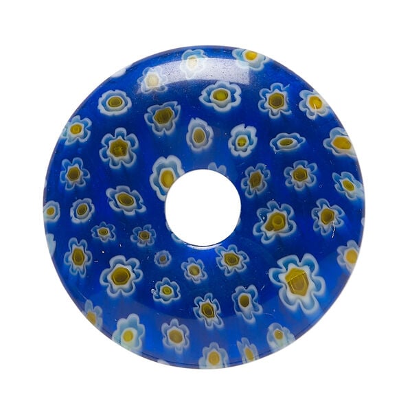 Focal, millefiori glass 1pkg1, translucent cobalt blue / orange / white, 34-35mm undrilled donut. image number 0