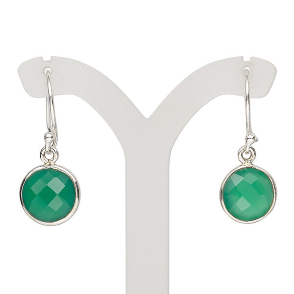 Earring, Create Compliments®, green onyx (dyed) and sterling silver, 28-30mm with round and fishhook ear wire, 21 gauge. Sold per pair. image number 0