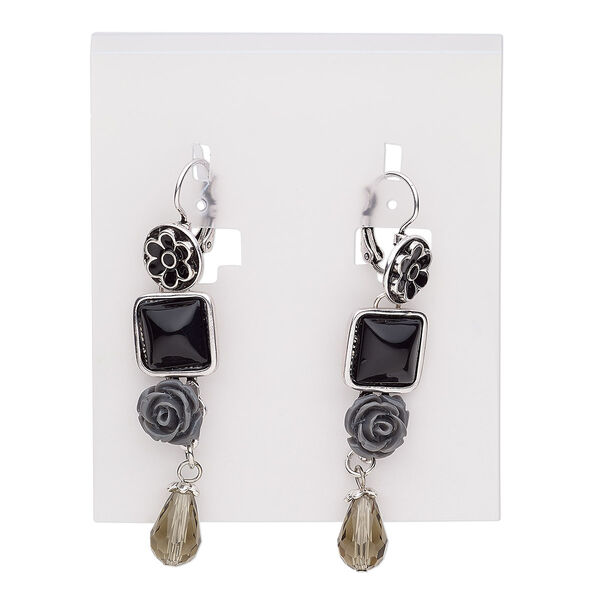 Earring, enamel / glass / resin / antique silver-plated brass / steel / "pewter" (zinc-based alloy), grey / smoky grey / black, 2-1/2 inches with round and square with leverback ear wire. Sold per pair. image number 0