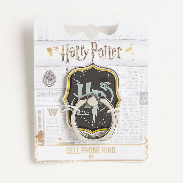 Cell phone ring 1pkg1, silver-finished brass and steel / enamel, black / white / yellow-orange, 45x38mm Harry Potter™ fancy rectangle. image number 0