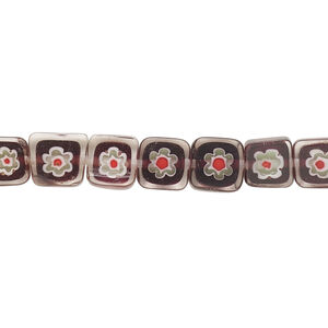 Bead, millefiori glass, translucent purple and multicolored, 7mm-9x8mm puffed square with flower design. Sold per 14-inch strand.