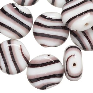 Bead, lampworked glass, opaque black / purple / white, 17mm flat round. Sold per pkg of 10.