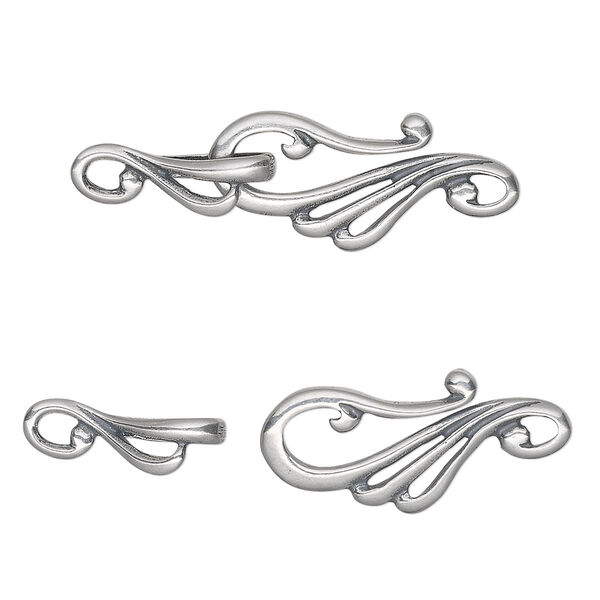Clasp, hook-and-eye, antiqued sterling silver, 37.5x13mm swirl. Sold individually. image number 0