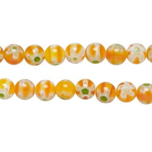 Bead, millefiori glass 1pkg1, translucent orange / white / green, 6mm round, 15 inches.