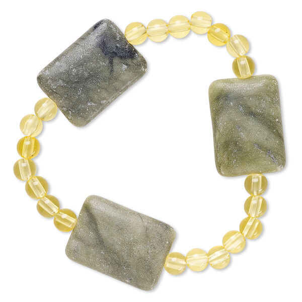 Bracelet, stretch, green serpentine (natural) and acrylic, yellow, 5mm round and 25x18mm puffed rectangle, 6-1/2 inches. Sold individually. image number 0