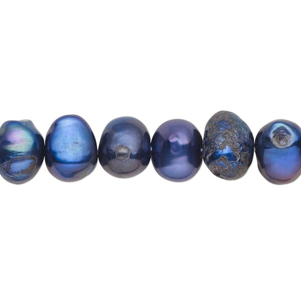 Pearl, cultured freshwater (dyed), cobalt, 7-9mm flat-sided potato with 0.4-0.6mm hole, C- grade, Mohs hardness 2-1/2 to 4. Sold per 15-inch strand. image number 0