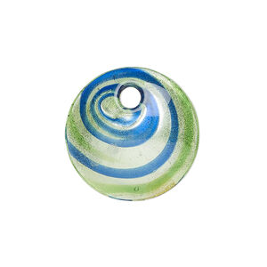 Drop, lampworked glass 1pkg1, translucent and transparent blue and green with silver-colored foil, 27x21mm top-drilled single-sided domed round.