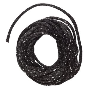 Cord, Satinique™, satin, black and metallic silver, 2mm. Sold per pkg of 9-1/2 feet.