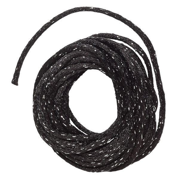 Cord, Satinique&trade;, satin, black and metallic silver, 2mm. Sold per pkg of 9-1/2 feet. image number 0