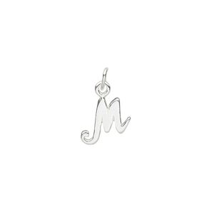 Charm, sterling silver, 9mm Champagne cursive alphabet letter "M." Sold individually.