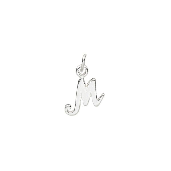 Charm, sterling silver, 9mm Champagne cursive alphabet letter "M." Sold individually. image number 0