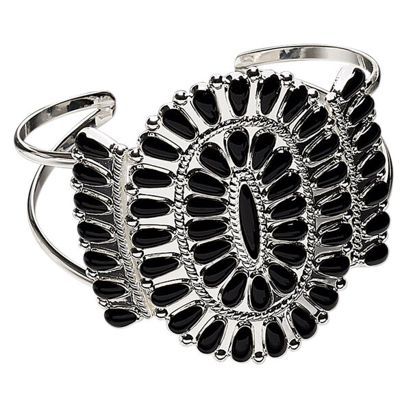 Bracelet, cuff, enamel and silver-plated brass, black, up to 49mm wide Navajo-style cluster design, adjustable. Sold individually. image number 0
