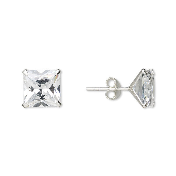 Earstud, sterling silver and cubic zirconia, clear, 9mm faceted square with post. Sold per pair. image number 0