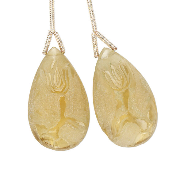 Bead, golden quartz (heated), frosted, 25x15mm hand-cut top-drilled carved teardrop with double-sided flower design, B+ grade, Mohs hardness 7. Sold per pkg of 2 beads. image number 0
